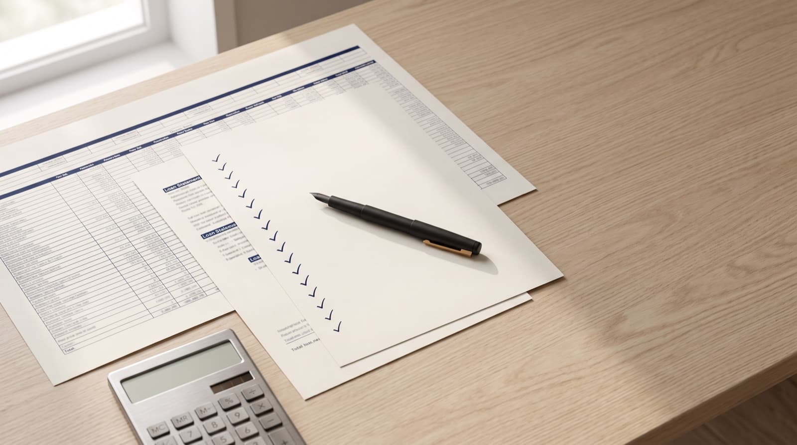 A multi-column debt schedule printout on a wood desk beside fanned loan statement pages, a fountain pen, and a calculator