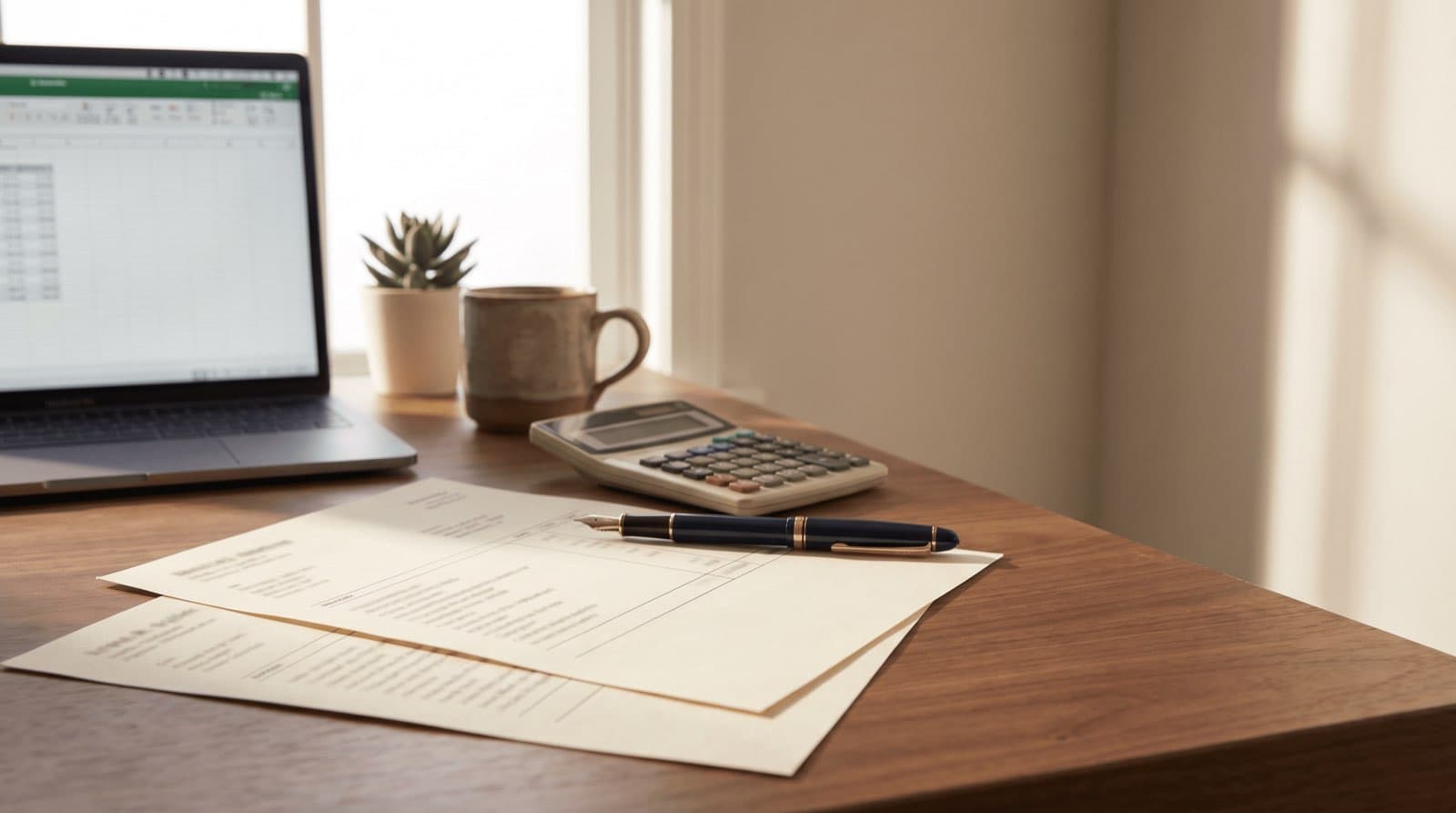 Two financial worksheets, a fountain pen, and a calculator on a sunlit wooden desk beside a laptop showing a spreadsheet