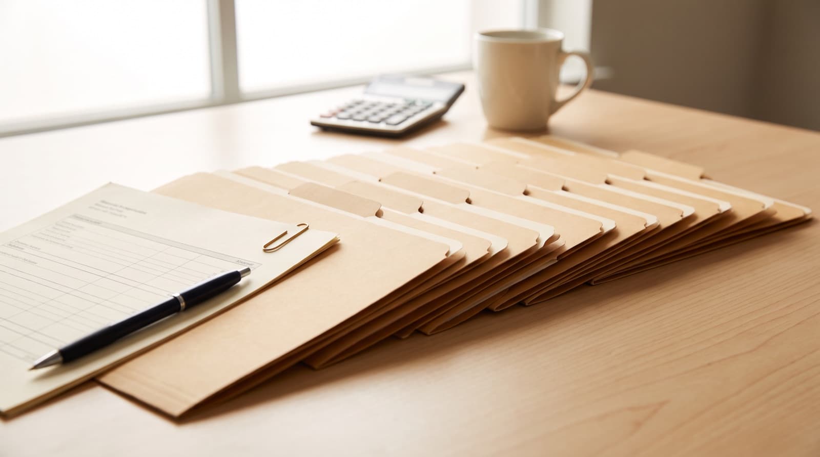 Ten manila file folders fanned across a wooden desk beside a financial statement page, a pen, and a calculator in soft daylight